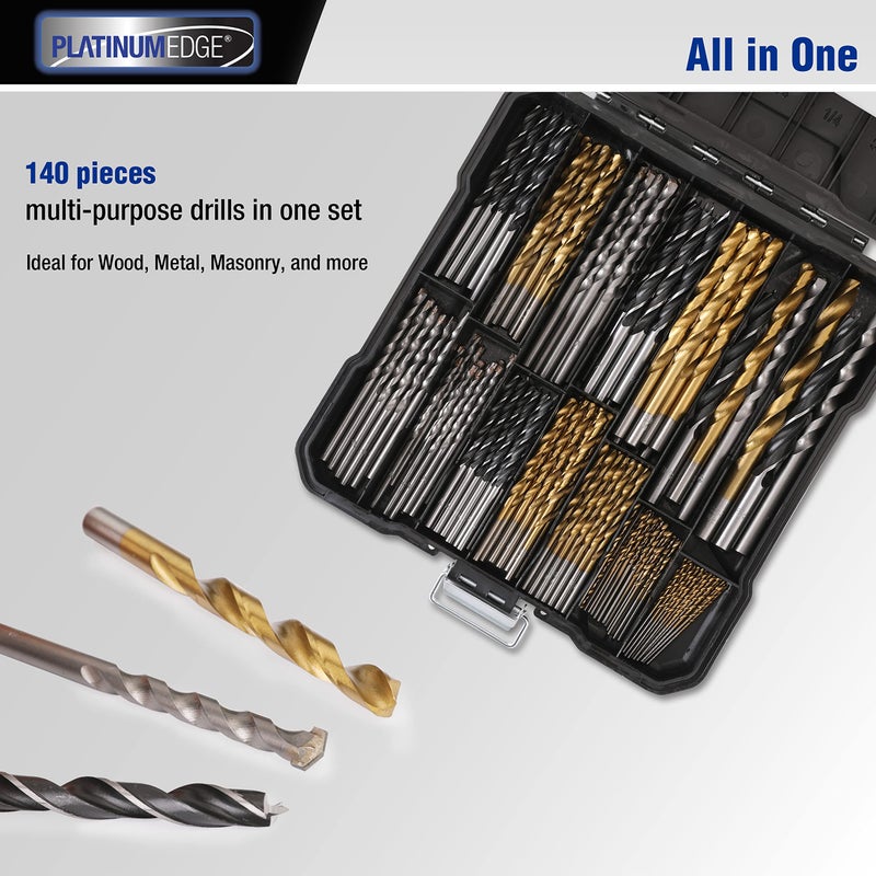PLATINUMEDGE 140 قطعة مجموعة لقم الثقب متعددة الأغراض، 88 قطعة من لقم الثقب المصنوعة من التيتانيوم 26 قطعة لقم ثقب البناء للطوب والخرسانة 26 قطعة لقمة ثقب براد بوينت، للخشب والمعادن والبناء مع حقيبة تخزين صلبة - Image 3